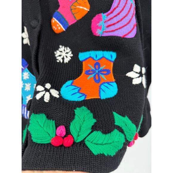 Vintage Victoria Jones Christmas Sweater Size M Black Embroidered Candy Canes - Picture 4 of 10